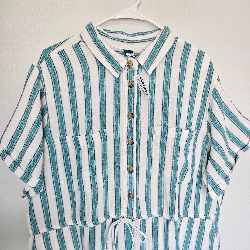 NWT Old Navy Crinkle Gauze Button Down Romper Blue White Stripe XXL Petite - Picture 3 of 7